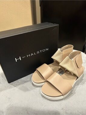 H by Halston Beige/Tan Slingback Sandals with Wide Front Strap